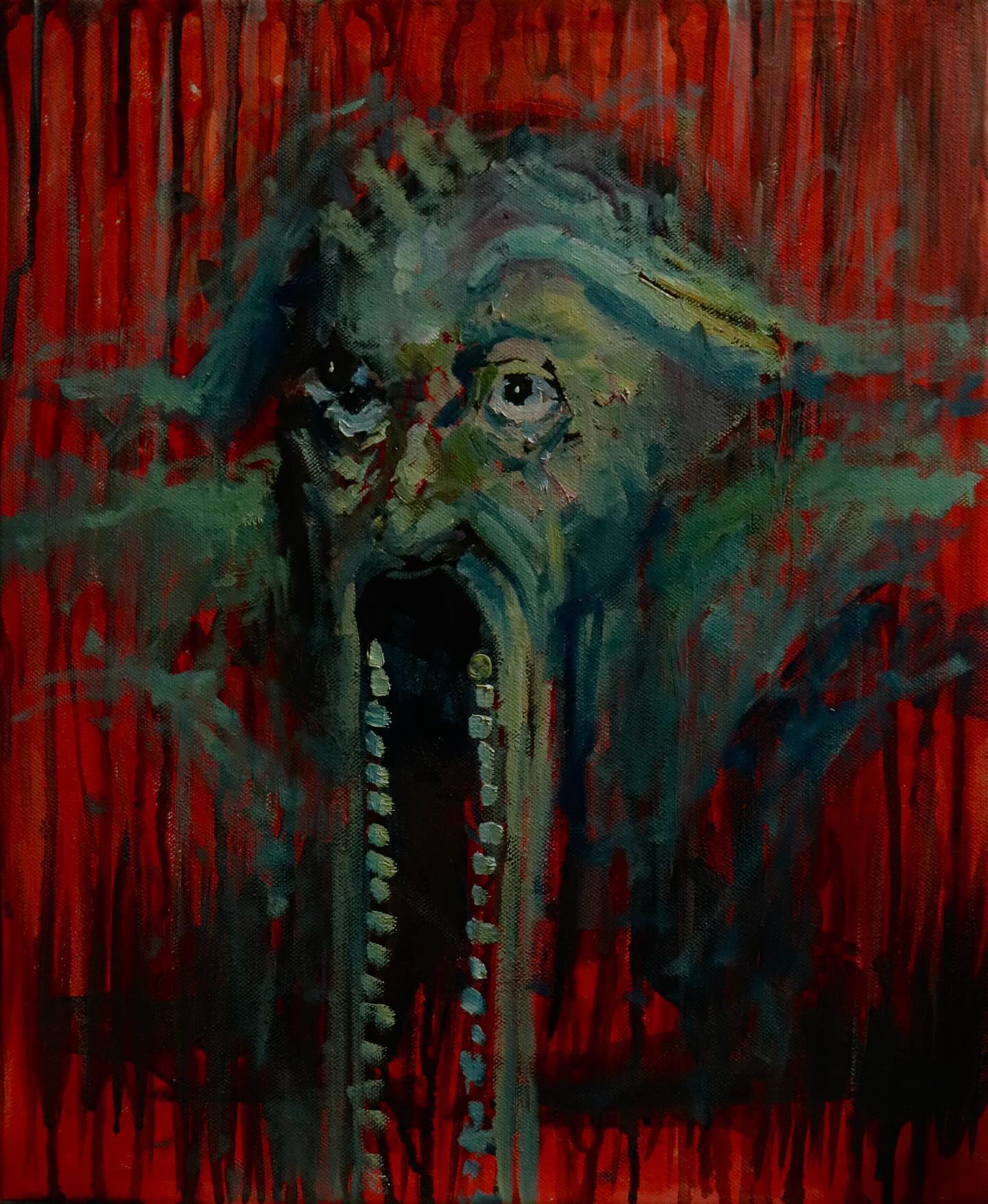 the image is an abstract painting of a horrifying monsterlike figure against a bloodred background. the monster has sickly green skin, a gaping maw filled with sharp teeth, and a single white eye. drips of red paint evoke a sense of blood and gore.