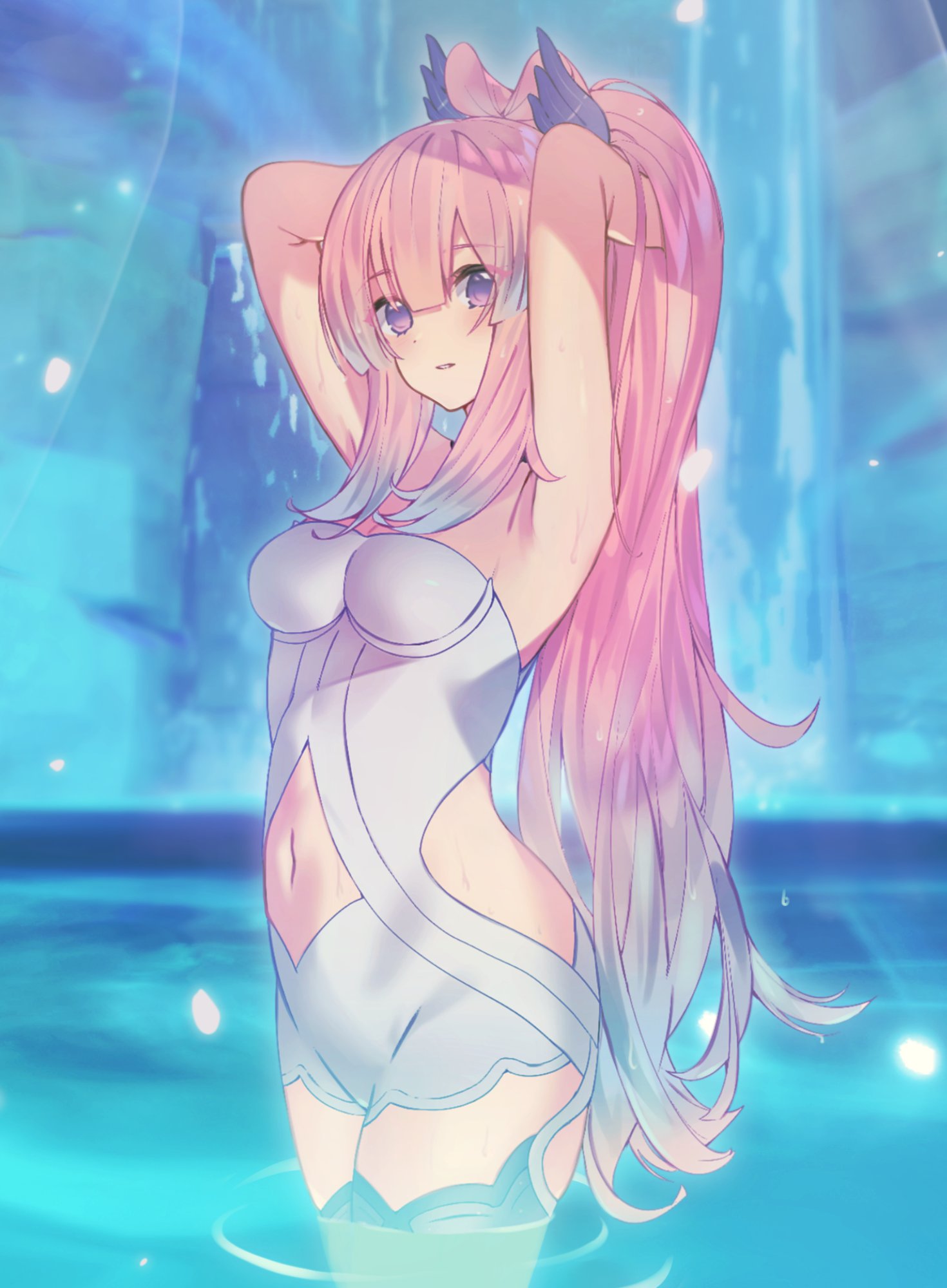 an anime girl with long pink hair and blue eyes is standing in water. she is wearing a white swimsuit and is looking at the viewer with a happy smile. she has her arms up in the air and is posing for the camera. the background is a blurry image of a blue pool or lake. this is a beautiful and welldone illustration of a fictional character.