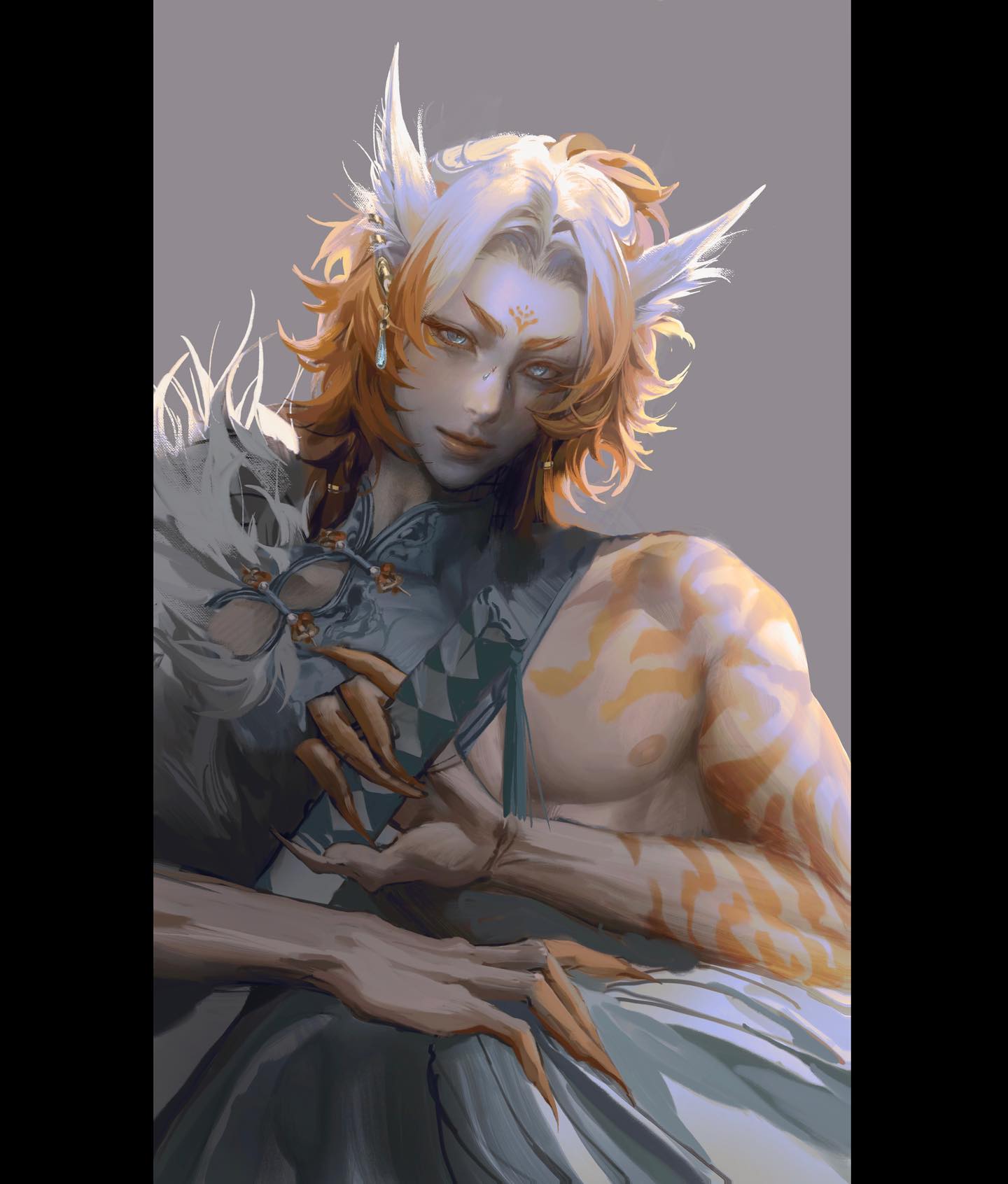 a digital painting of a male anime character with long blonde hair, sharp claws, and orange markings on his chest. he is wearing a patterned shirt and has his hands raised up. the background is a simple gray color, creating a focus on the character.  the character's face is full of mystery and charm, suggesting a supernatural or mythical nature.