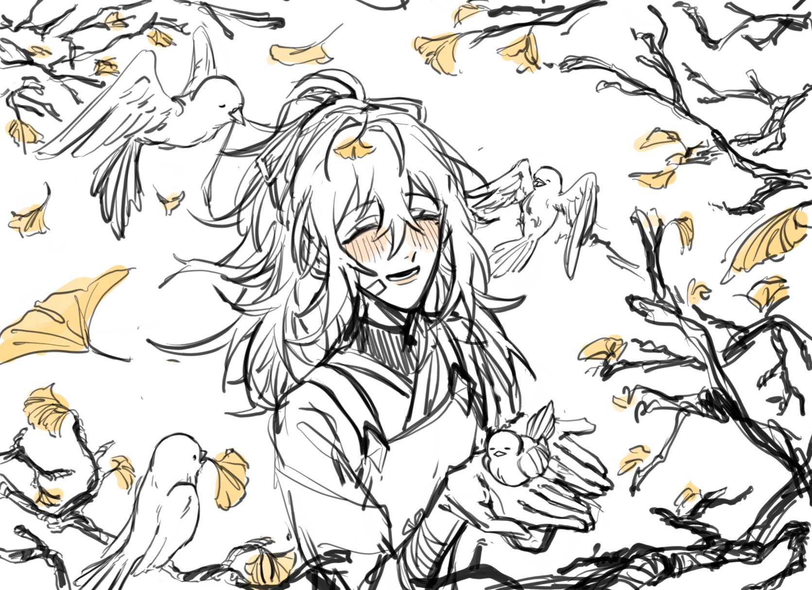 this is a sketch of a woman with long, white hair smiling and holding a bird in her hand. she is surrounded by birds and ginko leaves. the overall impression of the image is light, happy, and full of nature.