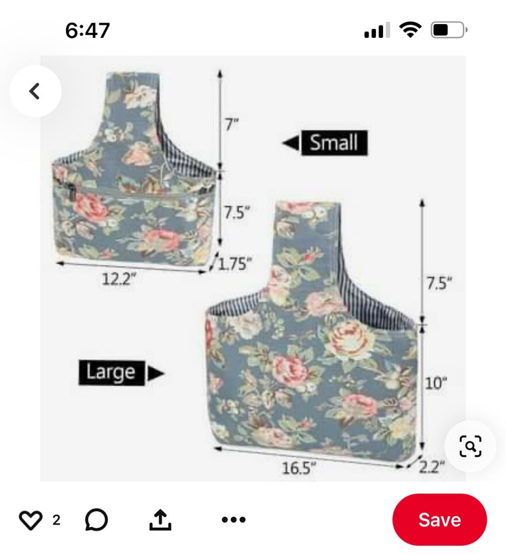 the image displays two floralprinted handbags of different sizes labeled as "small" and "large," along with their respective measurements indicated by arrows. the "small" handbag's dimensions are provided as 7" in height for the handle, 7.5" for the body, 1.75" for the base depth, and 12.2" for the width. the "large" handbag's dimensions are 7.5" for the handle height, 10" for the body height, 2.2" for the base depth, and 16.5" for the width. the image also includes a save button at the bottom.