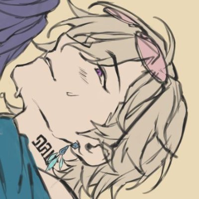 this is a close up drawing of an anime boy with blond hair. he is wearing a pair of pink sunglasses, a blue shirt with a white collar, and a small necklace. his head is tilted to the side and he has a slight smile on his face. his eyes are purple. the drawing is done in a digital style.