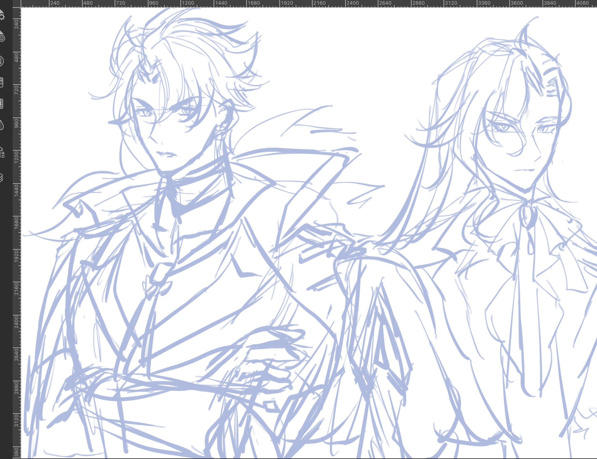 this is a sketch of two anime characters, both young men. the character on the left has short, spiky hair and is wearing a suit with a tie. the character on the right has long, flowing hair and is wearing a suit with a tie. the sketch is in a light blue color and is drawn on a white background. the characters appear to be looking at each other.