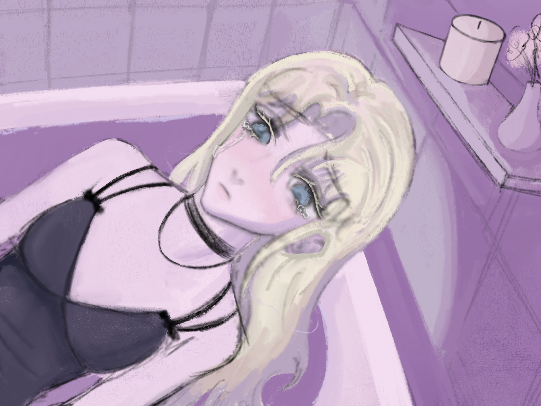 an illustration of a woman lying in a bathtub, wearing lingerie and crying. she has blonde hair and there are tears streaming down her face. in the background, there is a candle and a vase of flowers on a shelf in the bathroom. the overall tone is somber and melancholic.