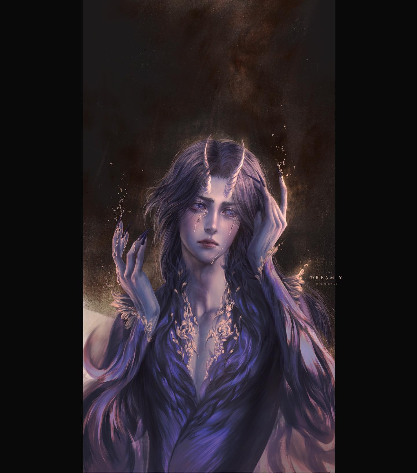 the illustration showcases a male character with ethereal beauty, seemingly a demon, adorned with two horns. he's clad in an elegant, dark, featherlike attire, suggesting a mystical nature. his long, flowing hair and the presence of tears streaming down his face hint at a profound sense of sorrow or despair. the dramatic lighting enhances the melancholic atmosphere, illuminating him against a dark background while ethereal sparkles emanate from his hands.