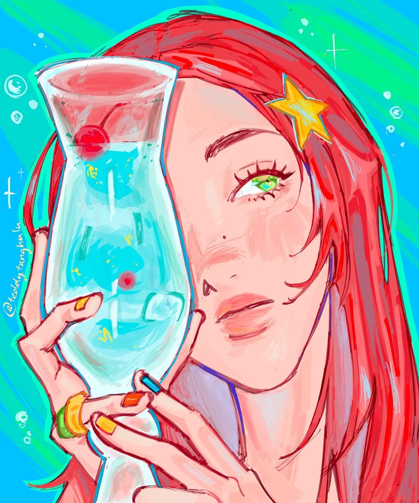 the image is a vibrant and stylized digital painting or illustration of a young woman with long, bright red hair.  she has a playful, almost whimsical expression.  she is holding a hurricane glass containing a light blue cocktail garnished with a cherry. the cocktail partly obscures her eye. a yellow starshaped hair accessory is in her hair.  the overall style is expressive and slightly abstract, with bold colors and loose brushstrokes creating a dynamic and energetic feeling. the background is a mix of teal and light green, suggesting a beach or ocean setting. the art style is modern and blends elements of fantasy and realism.