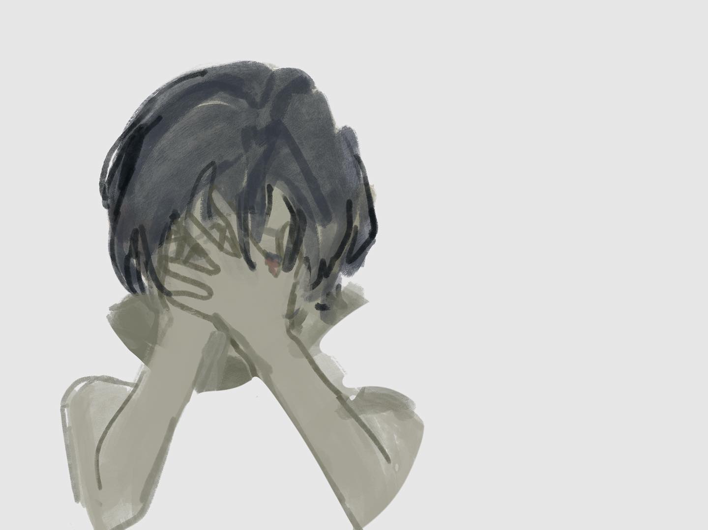 the image is a simple yet evocative sketch of a person, likely a woman, with her face buried in her hands. rendered in muted shades of gray and characterized by loose, expressive strokes, the drawing conveys a sense of deep sadness or despair.  the focus on the figure's posture and the absence of facial features or a background enhance the emotional impact, inviting the viewer to connect with the subject's inner turmoil.