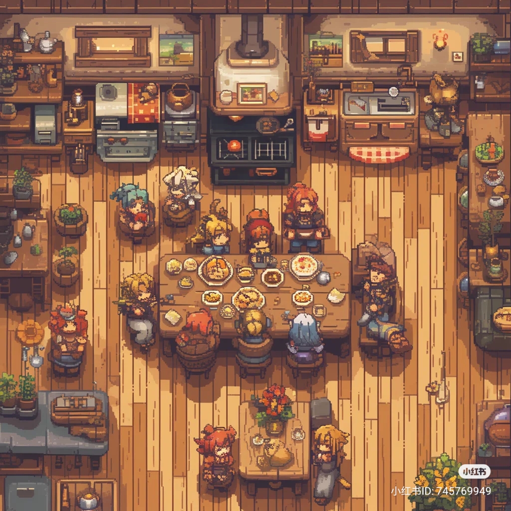 pixel art image of a group of people having a meal together in a cozy kitchen/dining room. the room is warmly lit and viewed from a bird's eye perspective. the scene evokes a sense of camaraderie and celebration, perhaps in a fantasy tavern or home.