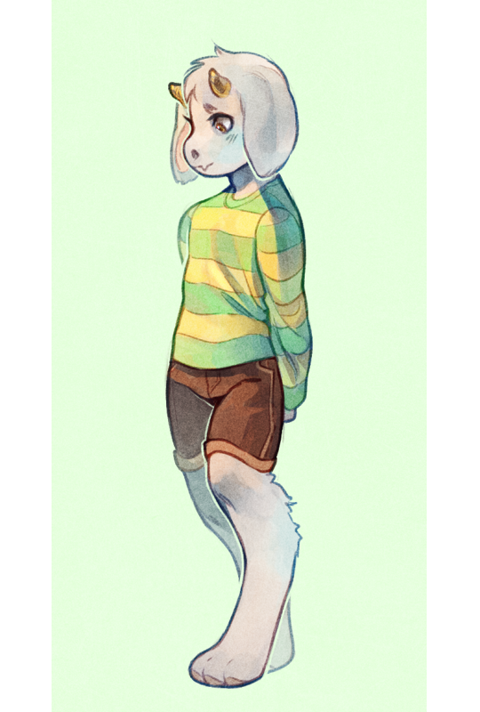 an illustration of asriel dreemurr from undertale. he is a young goat monster with white fur and short horns. he wears a green and yellow striped shirt and brown shorts. he is standing and looking to the left with his hands behind his back. the background is a light green color.