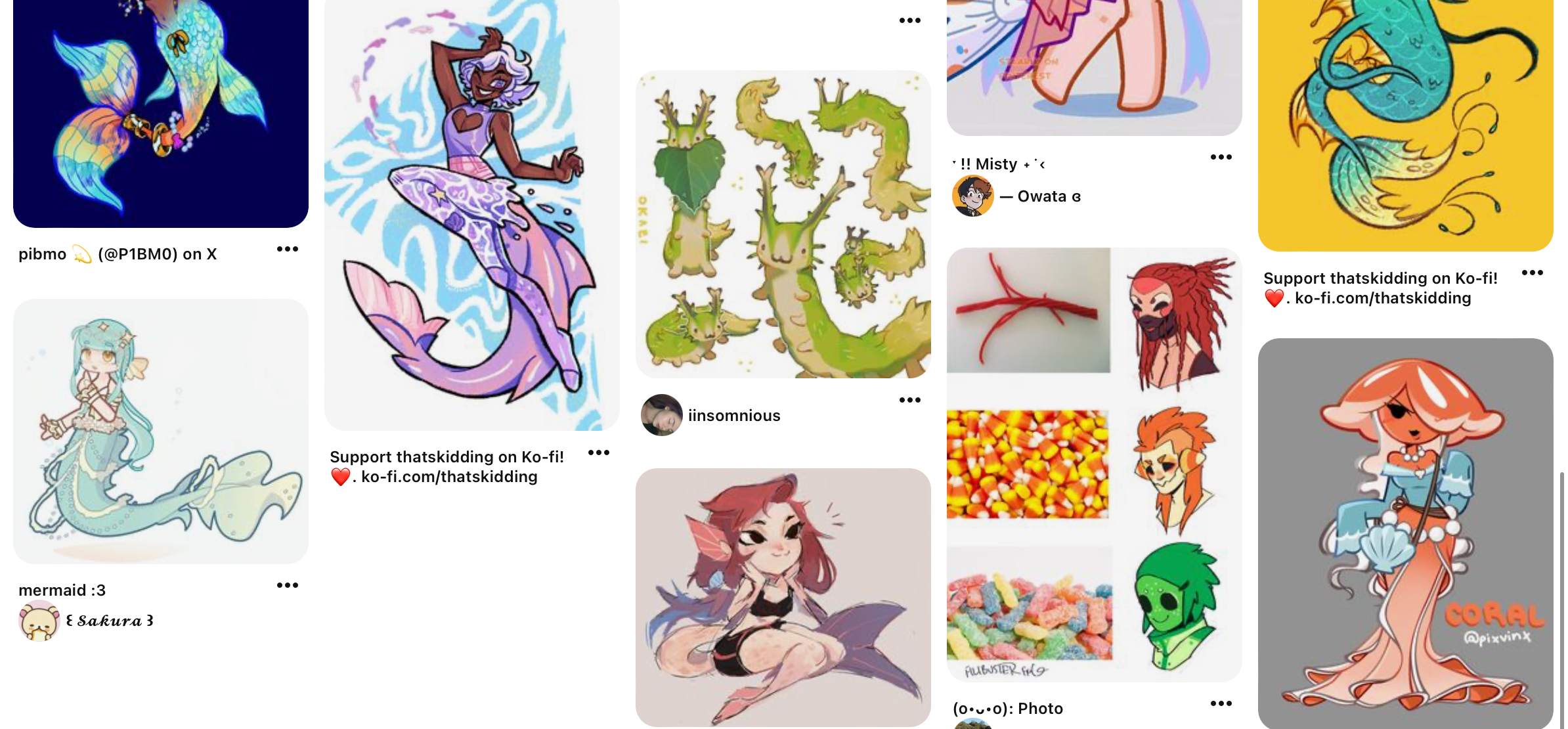 a collage of digital illustrations, primarily featuring mermaidlike characters and fantastical creatures. the style varies between illustrations, showcasing different approaches to character design and color palettes. some illustrations include text, likely usernames or links to social media.