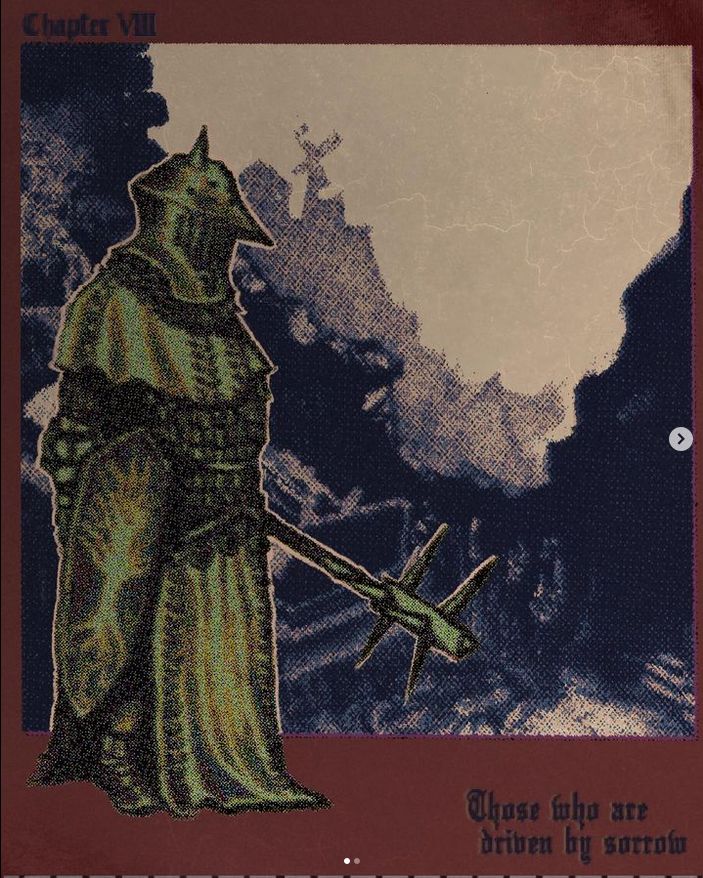 the image is a stylized artwork that appears to be a book cover or chapter illustration. it features a central figure resembling a plague doctor, rendered in dark, muted greens and browns, standing amidst a background depicting a desolate, wartorn landscape.  the background is in shades of dark blues and grays, with a textured look suggesting ruins and destruction. the plague doctor holds a spiked weapon.  the text "chapter viii" is present in the upper left corner, and "those who are driven by sorrow" is at the bottom. the overall style is dark, gothic, and evocative of medieval or apocalyptic themes.  the image has a vintage or distressed texture.