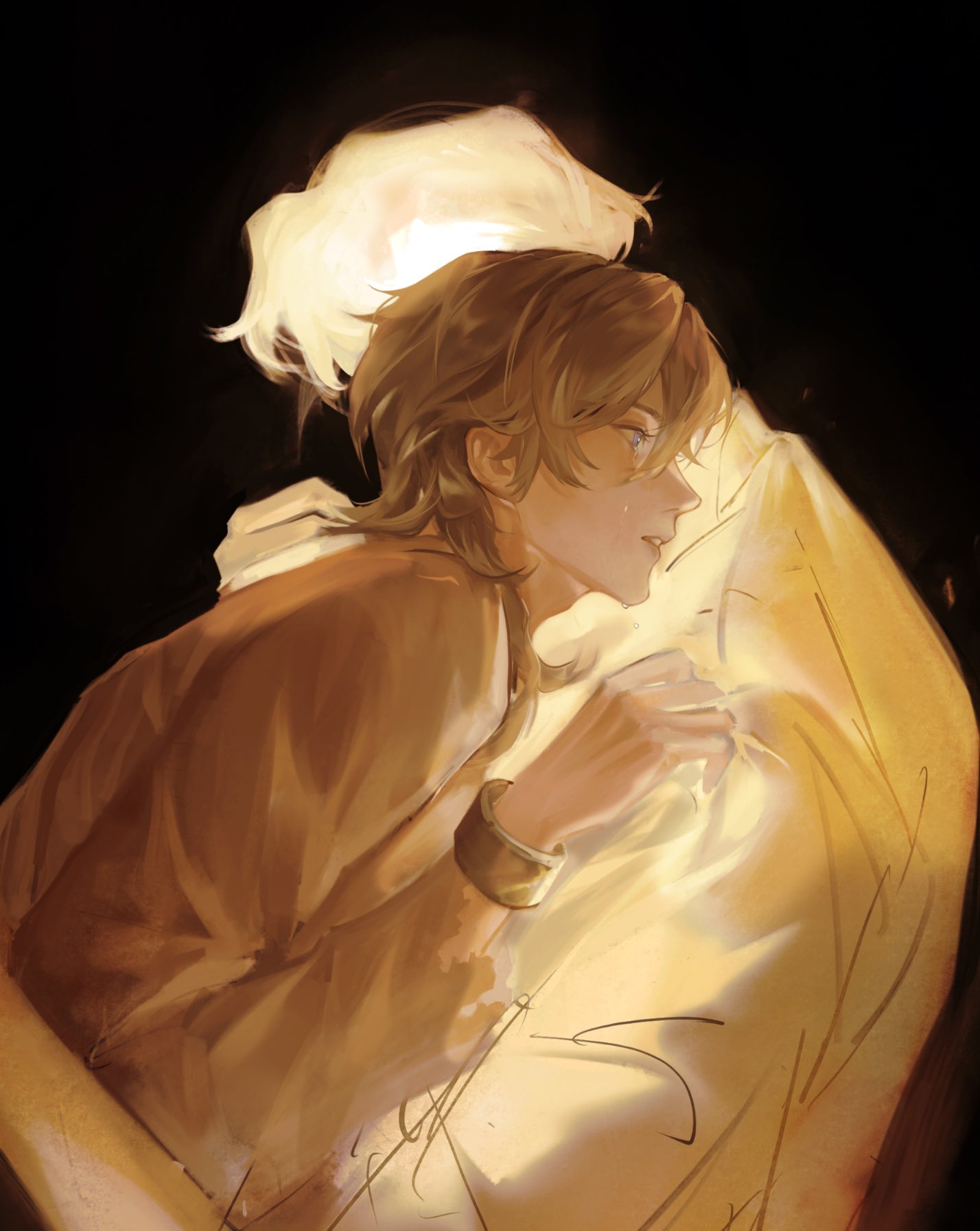 the image is a digital painting depicting a tender and emotional embrace between two young men.  one man, with light blonde hair, is partially obscured and seems to be embracing the other. the other man, who has light brown hair, is holding the first one closely, with his hands around his shoulder and body. his face expresses a mix of sadness and tenderness.  the color palette is dominated by warm, golden and beige hues, creating a soft and intimate atmosphere. the style is painterly and expressive, with a soft focus and blurry background that draws attention to the figures in the foreground. the overall mood is one of affection, melancholy, and quiet intimacy.