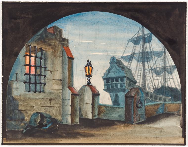 a watercolor painting depicts a cityscape with a harbor view seen through an arched opening. on the left, a stone building with a window emits a warm, orange glow. a street lamp stands atop a wall separating the foreground from the harbor. in the background, a ship with visible masts and sails is docked. the buildings are rendered in muted blues and grays, giving the scene a somewhat aged or vintage feel. the entire scene is framed by the dark, arched opening, creating a sense of looking out from within.