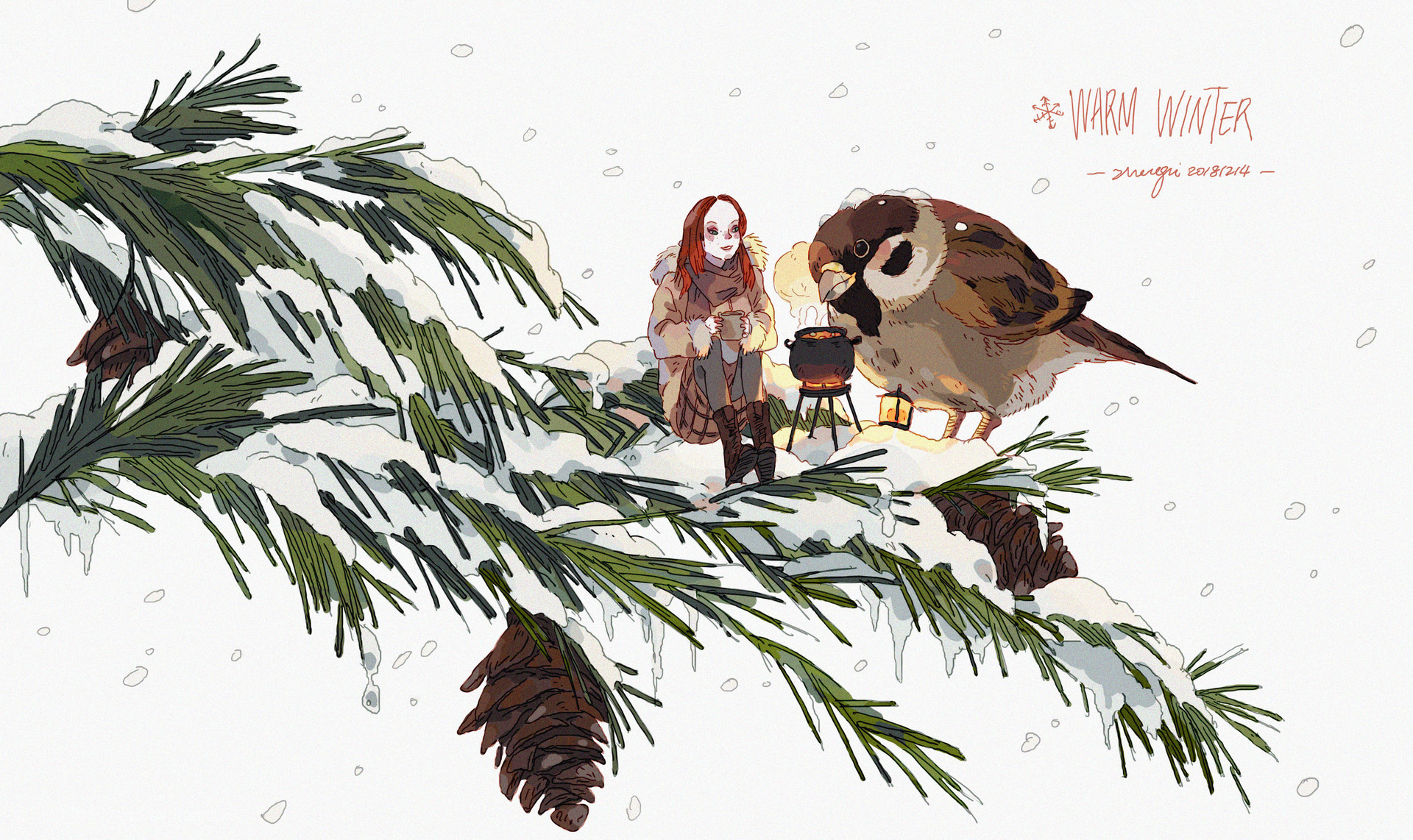 a handdrawn illustration of a girl and a sparrow sitting on a snowcovered pine branch. they're enjoying a warm drink and the winter scenery. the art is done in a painterly style.