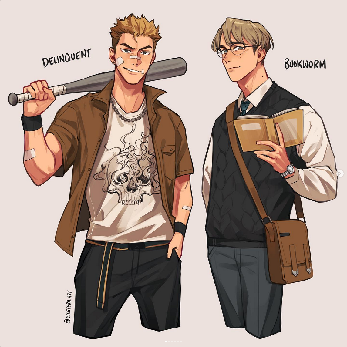 a digital illustration of two men standing side by side against a solid white background. the man on the left is labeled "delinquent" and is drawn with a tough expression. he has short blonde hair, an undercut, and a bandaid on his cheek. he is wearing a brown shirt over a graphic tee, black pants, and is holding a baseball bat over his shoulder. the man on the right is labeled "bookworm" and has short brown hair and glasses. he is wearing a brown vest over a white dress shirt, gray pants, and is holding an open book in front of him. both men are drawn with toned physiques.