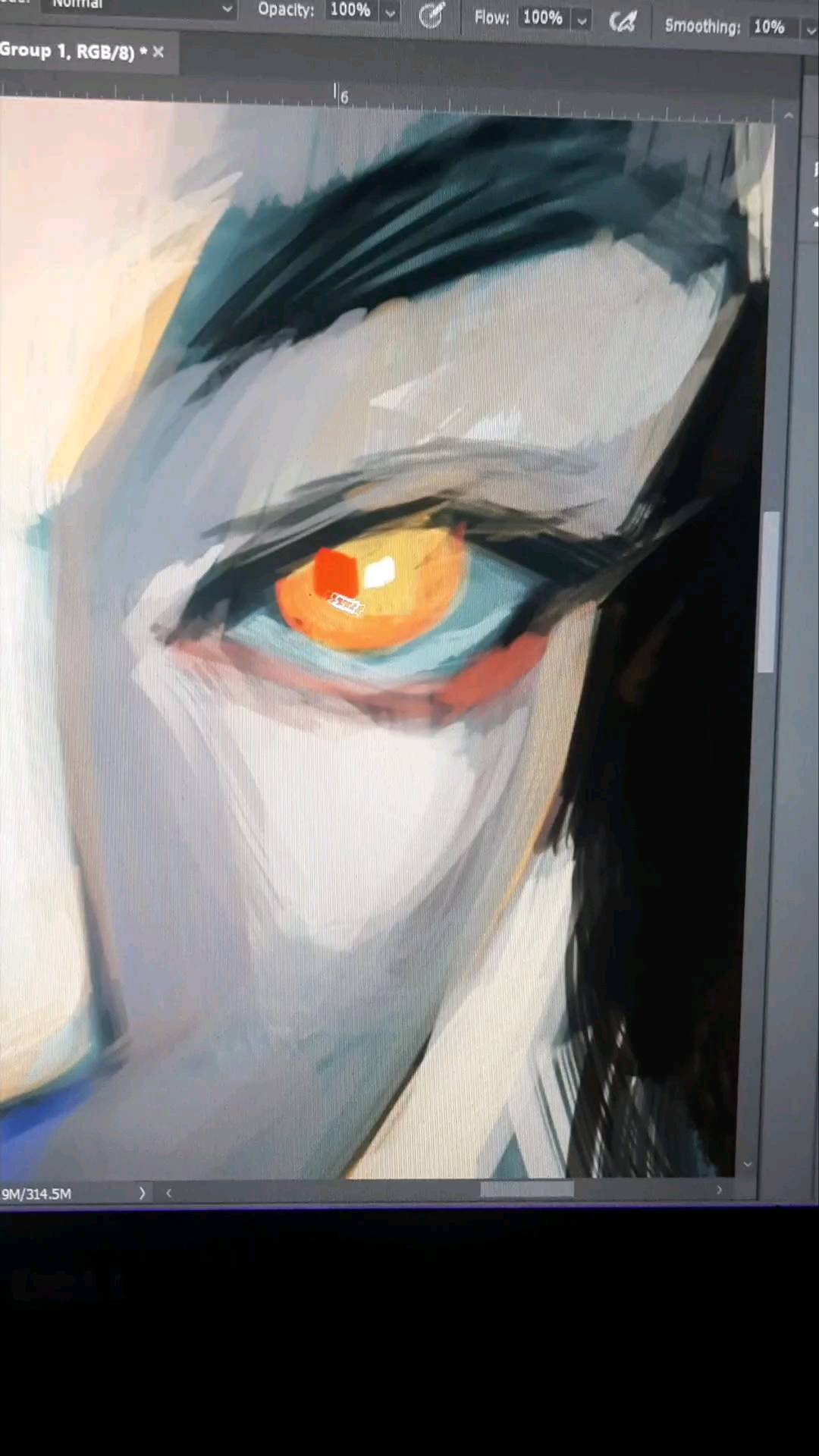 he image shows a digital painting of a closeup of an eye.  the style is abstract and expressionistic, with visible brushstrokes and a blend of colors including grey, blue, orange, and yellow. the eye itself is rendered with a vibrant, almost glowing, orangeyellow iris. the background is dark and blurry, drawing attention to the detail of the eye.  the image also displays a portion of a digital art software interface, specifically indicating the layer "group 1, rgb/8)" and settings for opacity, flow, and smoothing.  this suggests the image is a work in progress.