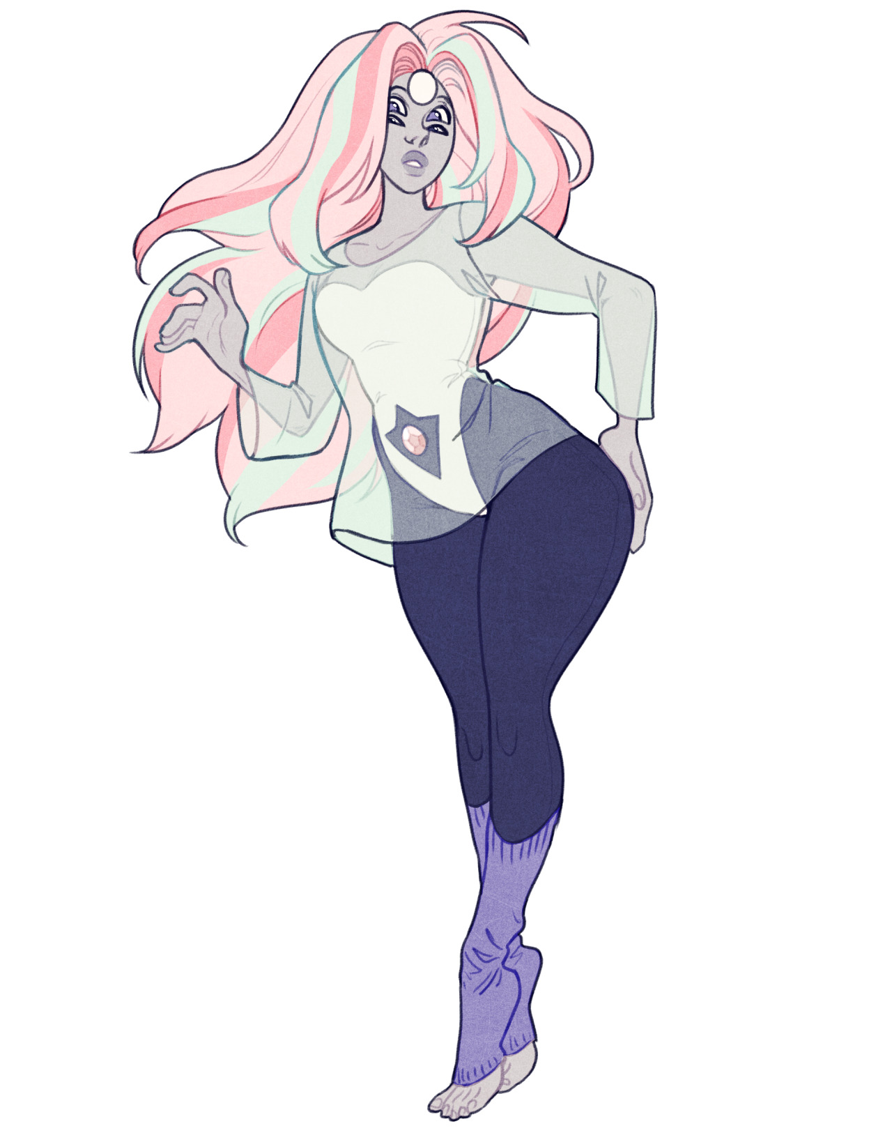 a fullbody illustration of a woman with pink and teal hair, grey skin, and a single white eye. she's wearing a longsleeved white shirt, dark leggings, and purple leg warmers. she has a gemstone embedded in her forehead and another on her shirt. she's posing with one hand on her hip and the other raised. her style is reminiscent of both magical girl anime and fashion illustrations.  the background is blank white.