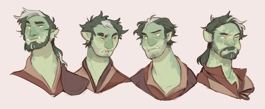 four bust illustrations of the same male orc character in slightly different poses and with minor variations in features and expression. the character has green skin, tusks, dark hair with a white streak, and a beard. he appears to be wearing brown clothing.