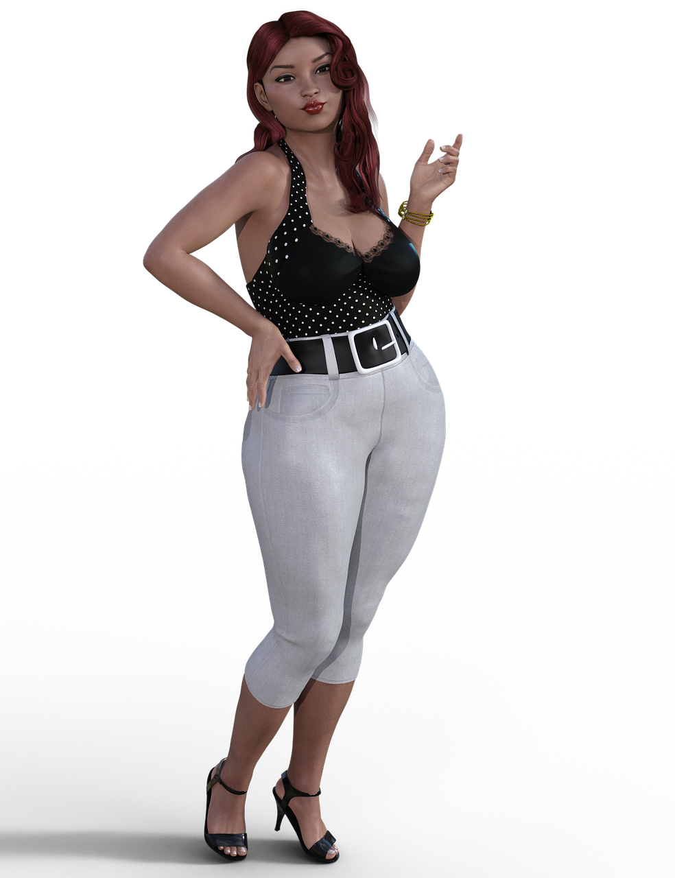 a woman with red hair is posing confidently. she is wearing a black halter top with white polka dots, light blue capri pants with a white belt, and black high heels. she has jewelry on her wrist. the background is black.