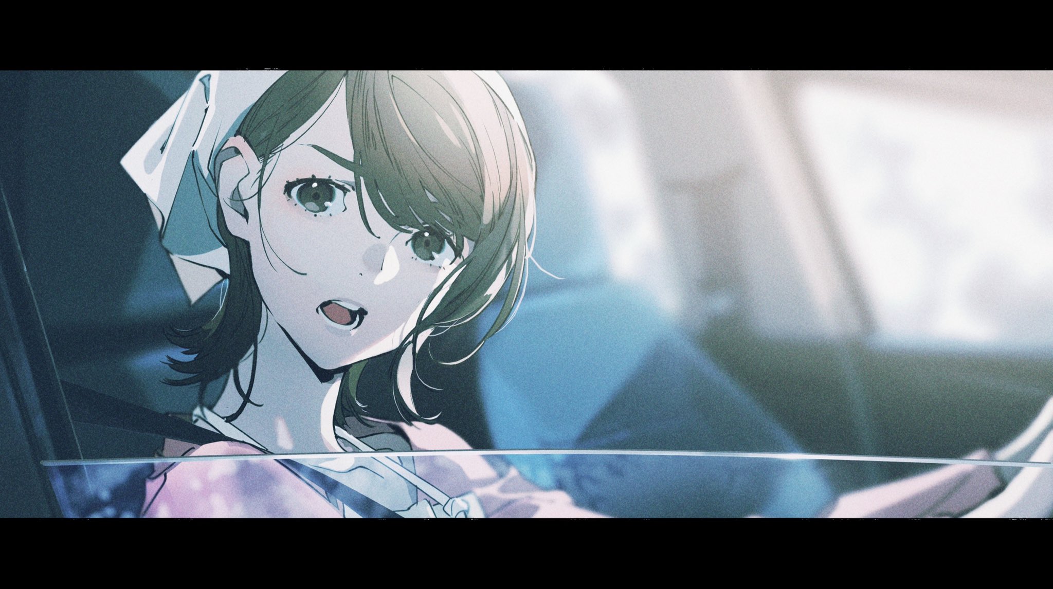the image shows a young woman with brown hair and brown eyes, visible from the chest up, sitting in the driver's seat of a car. she appears to be worried or distressed, with her mouth slightly open and her eyebrows furrowed. she is wearing a pink shirt and a white scarf around her head. the car interior is predominantly blue and white, with sunlight streaming in from the front windshield. the image has an anime/manga style and conveys a sense of movement and unease.