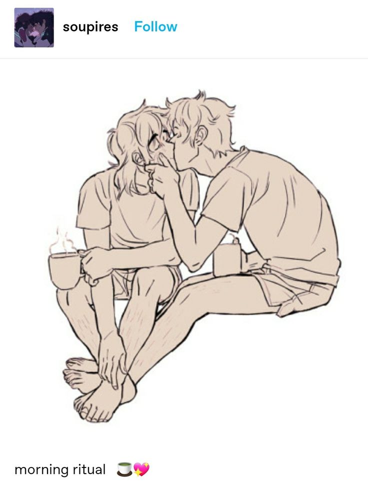 a line art drawing of a couple hugging and kissing while holding coffee cups. the caption below says "morning ritual".