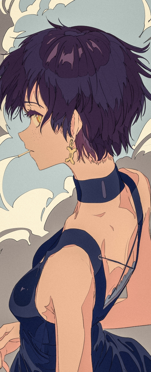 the image is a stylized illustration of a young woman with short, dark purple hair. she's wearing a dark, sleeveless dress and has a choker necklace. she has pale skin with freckles and is looking away from the viewer. the background is a hazy, light blue and grey with hints of white. the overall style is reminiscent of anime and manga, with a focus on line art and soft colors. the woman's expression is subtle and somewhat melancholic, adding to the mysterious and elegant mood of the illustration.