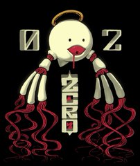 a cartoon character, white with red tentacles and a halo, against a black background. there is blood dripping from its mouth.  stylized text spelling "oz" is above the character, and stylized text spelling "zero" is below its head.