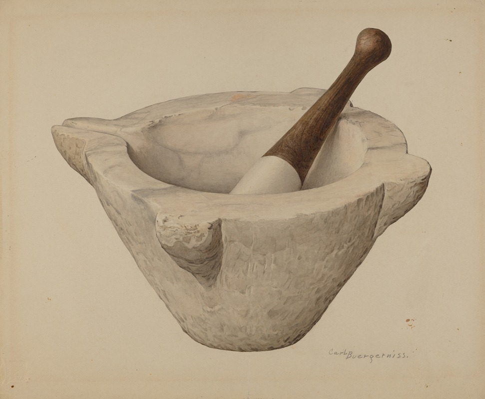 a watercolor painting depicts a mortar and pestle. the mortar is a heavy, conicalshaped bowl made of lightcolored stone, featuring a wide, rounded rim with protruding handles. inside, the wooden pestle stands upright, its rounded end fitting into the bowl. the pestle's handle is a dark, polished wood. the background is a pale cream color. the artwork is signed "carl burger niss" in the bottom right corner.