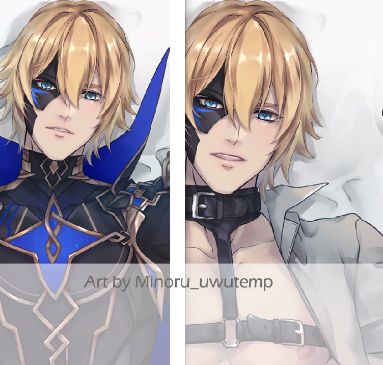 this is a digital illustration of an anime male character with blond hair and blue eyes. he's wearing black armor with golden accents, a black collar with a leather strap, and a sleeveless white shirt. the character is lying on a pillow with his head turned to the side, and his eyes are closed. the artwork has a  clean and vibrant style. the background is simple and allows the character to be the center of attention. the overall style of the artwork suggests that it could be fanart or an original character design.