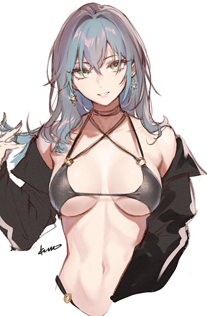 a digital illustration of a woman with blue hair, green eyes, and wearing a black swimsuit and black jacket. she has star earrings and a choker.