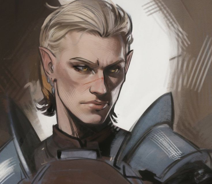 the image is a digital painting depicting a closeup portrait of a male high elf. he has short, blond hair styled neatly, pointed ears, and a serious, almost stern expression on his face.  a noticeable scar runs down his cheek. he wears greyishblue armor with shoulder pads, and his clothing underneath appears dark. the background is mostly blurred and indistinct, focusing attention on the elf's face and upper body. the art style is stylized, with a focus on rendering the character's features with detail, while the background is less defined.  the overall mood is one of intensity and seriousness, suggesting a powerful or battlehardened character.
