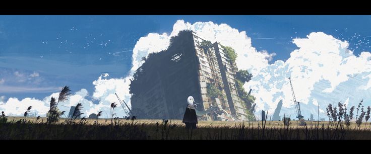 an illustration depicting a field of tall grass with a ruined, overgrown building in the background. a woman with white hair stands in the field. cranes are also visible. the sky is blue with fluffy clouds. the overall scene has an apocalyptic feel, reminiscent of the game nier automata.