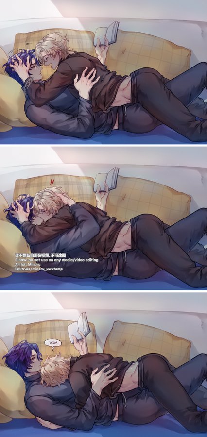 the image depicts a romantic scene between two young men in an anime