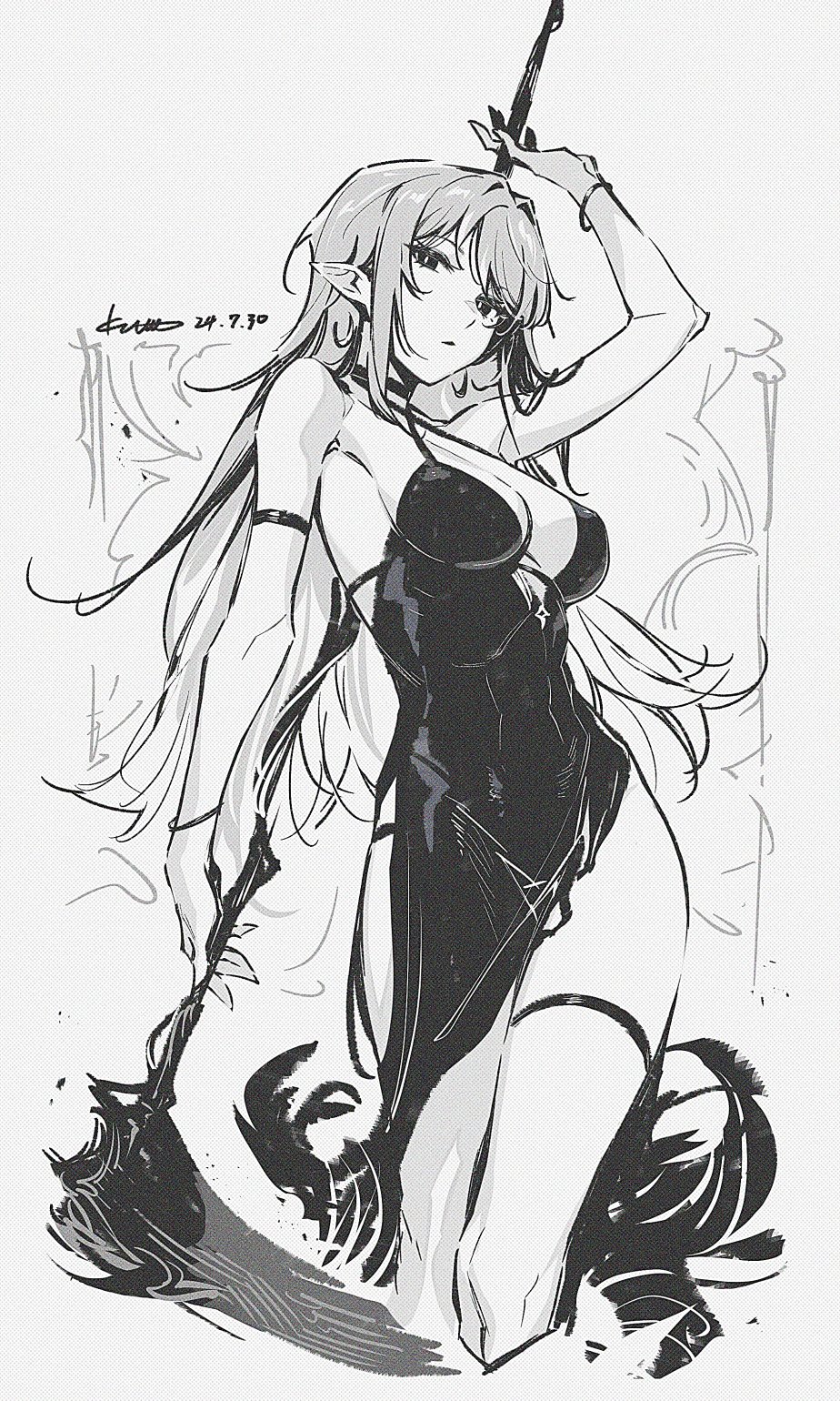 an illustration of a female elf holding a weapon. she is wearing a black dress with a high slit. she has long, flowing hair and pointed ears.