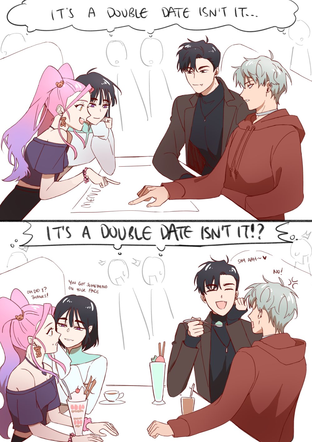 this is a comic strip of a double date. the top panel shows four people sitting at a table. the bottom panel shows another four people sitting at a table.  they are both eating dessert and enjoying their time together.