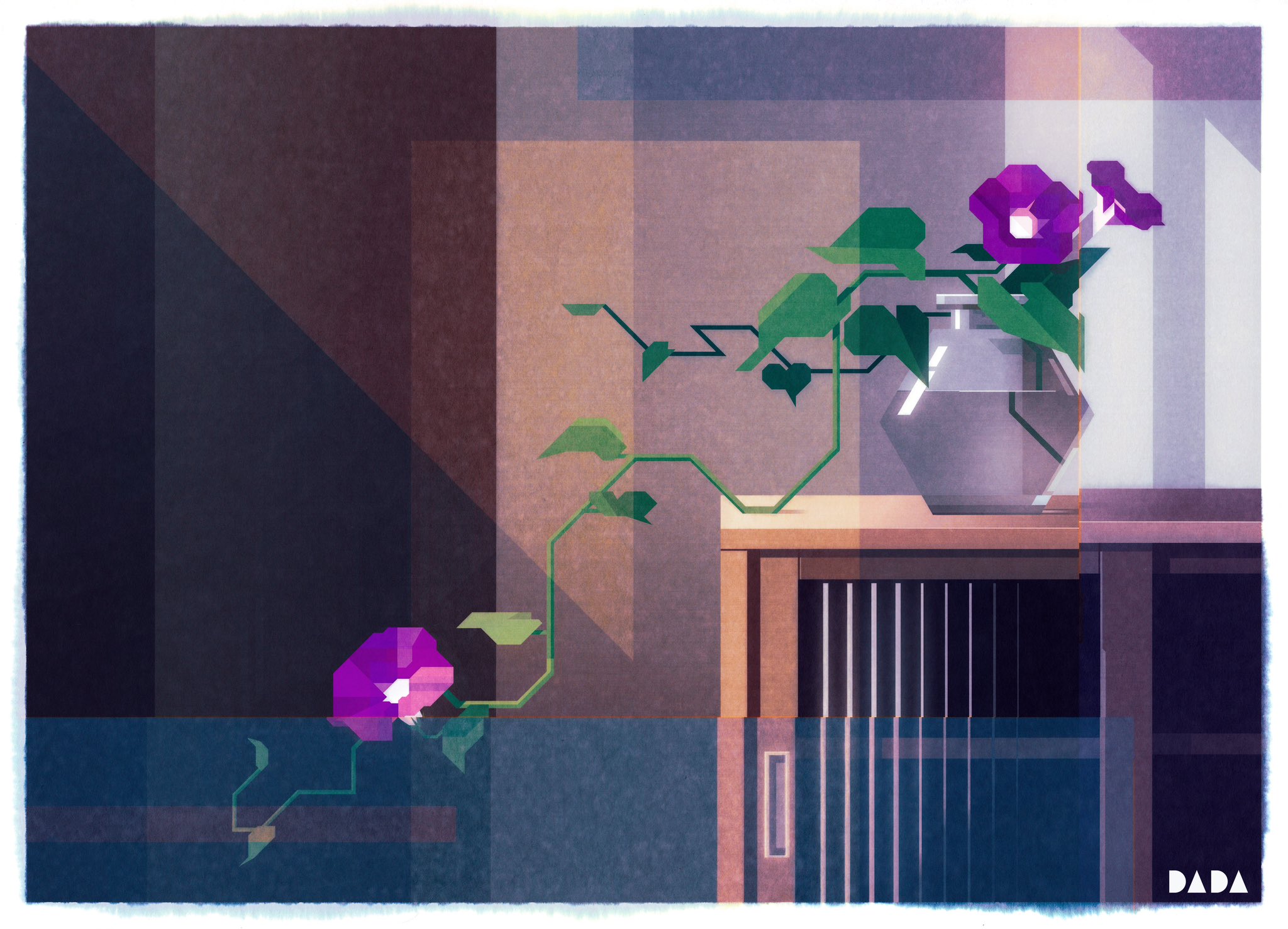 a geometric and minimalist still life painting featuring purple morning glories in a vase on a table. the background is composed of overlapping geometric shapes in shades of brown, blue, and white, suggesting a window and room setting. the painting has a modern, graphic style. the "dada" logo is in the bottom right corner.