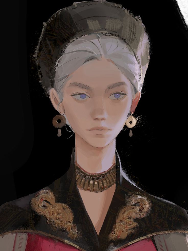 the image is a digital painting depicting a regallooking woman. she has silver or white hair styled neatly under a dark, elaborate headdress.  she wears ornate gold jewelry, including large earrings and a heavy choker necklace. her clothing is dark, with gold embroidery or embellishments, suggesting a rich and perhaps historical or fantasy setting. the woman's expression is serious and composed. the background is dark, drawing attention to the detail in her clothing and features. the style of the painting is painterly and evocative, with visible brushstrokes creating texture and depth.  the overall impression is one of elegance, power, and mystery.