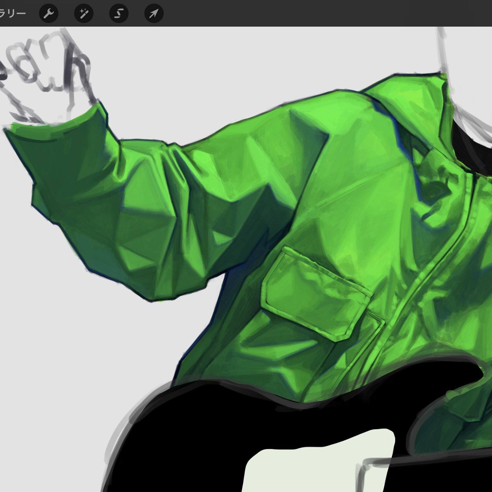 the image is a digital painting of a person's arm and torso wearing a bright green jacket. the style is a mix of realistic rendering of the fabric and more stylized, almost animelike rendering of the figure's pose and form.  the jacket is the focal point, with its glossy texture and folds rendered with careful attention to light and shadow. the background is simple and unfocused, drawing attention to the clothing and the dynamic pose.  the digital painting tools are visible at the top of the image.