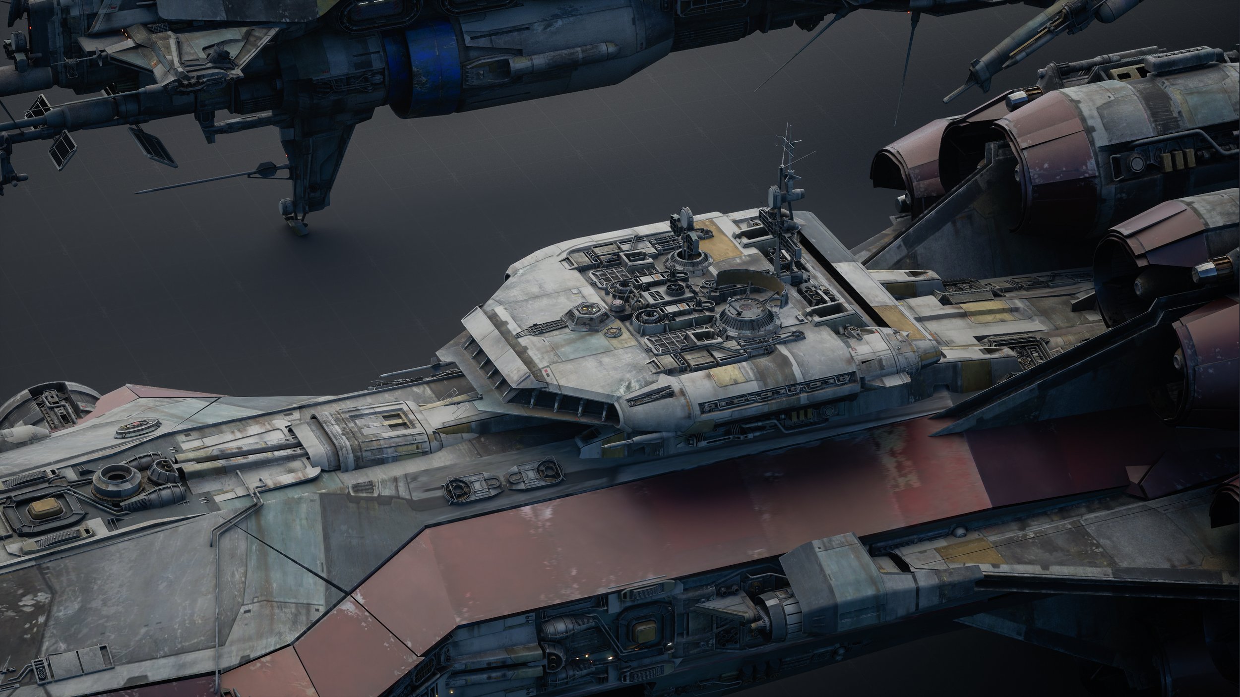 a detailed closeup image of a large, battleworn spaceship, possibly the razor crest from the star wars series the mandalorian,  is shown. the vessel is predominantly dark grey and maroon with visible weathering and damage. the image is from a topdown perspective revealing intricate details of its construction, including various panels, machinery, and engines.  another spaceship is partially visible in the background, suggesting a fleet or hangar setting.  the image emphasizes the texture and wearandtear of the craft, hinting at its history and possible battles fought.