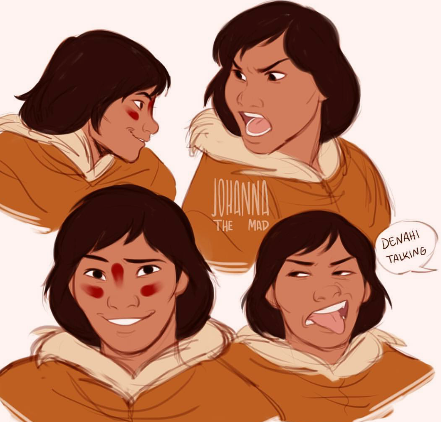 a character design page or expression sheet of a man with brown skin and black hair pulled into a low ponytail. he is wearing a hooded, furtrimmed jacket. the image contains four bust portraits, each showing the character with a different facial expression. the artist has labeled this character "johanna the mad."