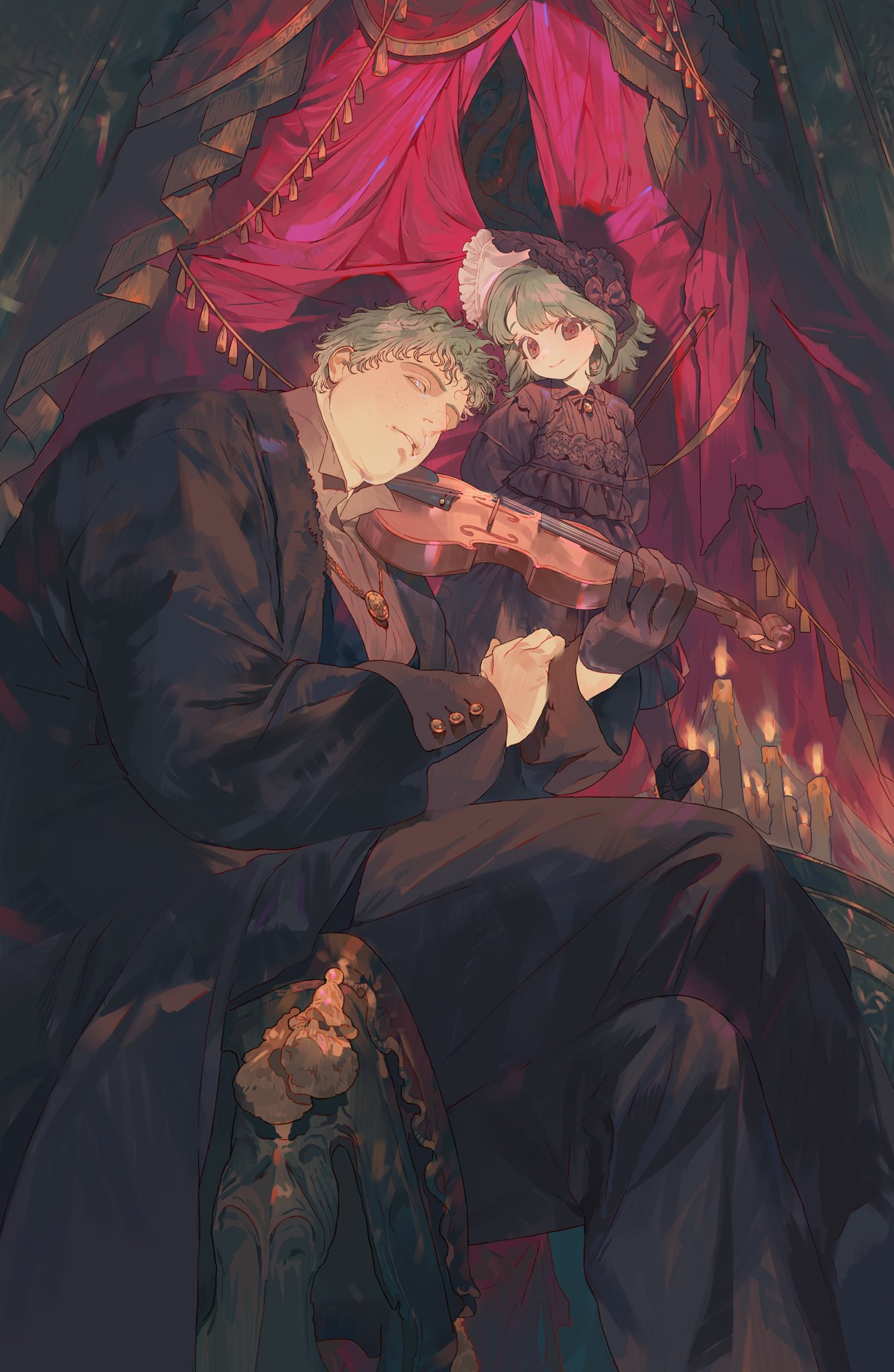 a digital painting shows a man sitting with a violin next to a woman in a dress. they are indoors with candles, red curtains and dark ambience.
