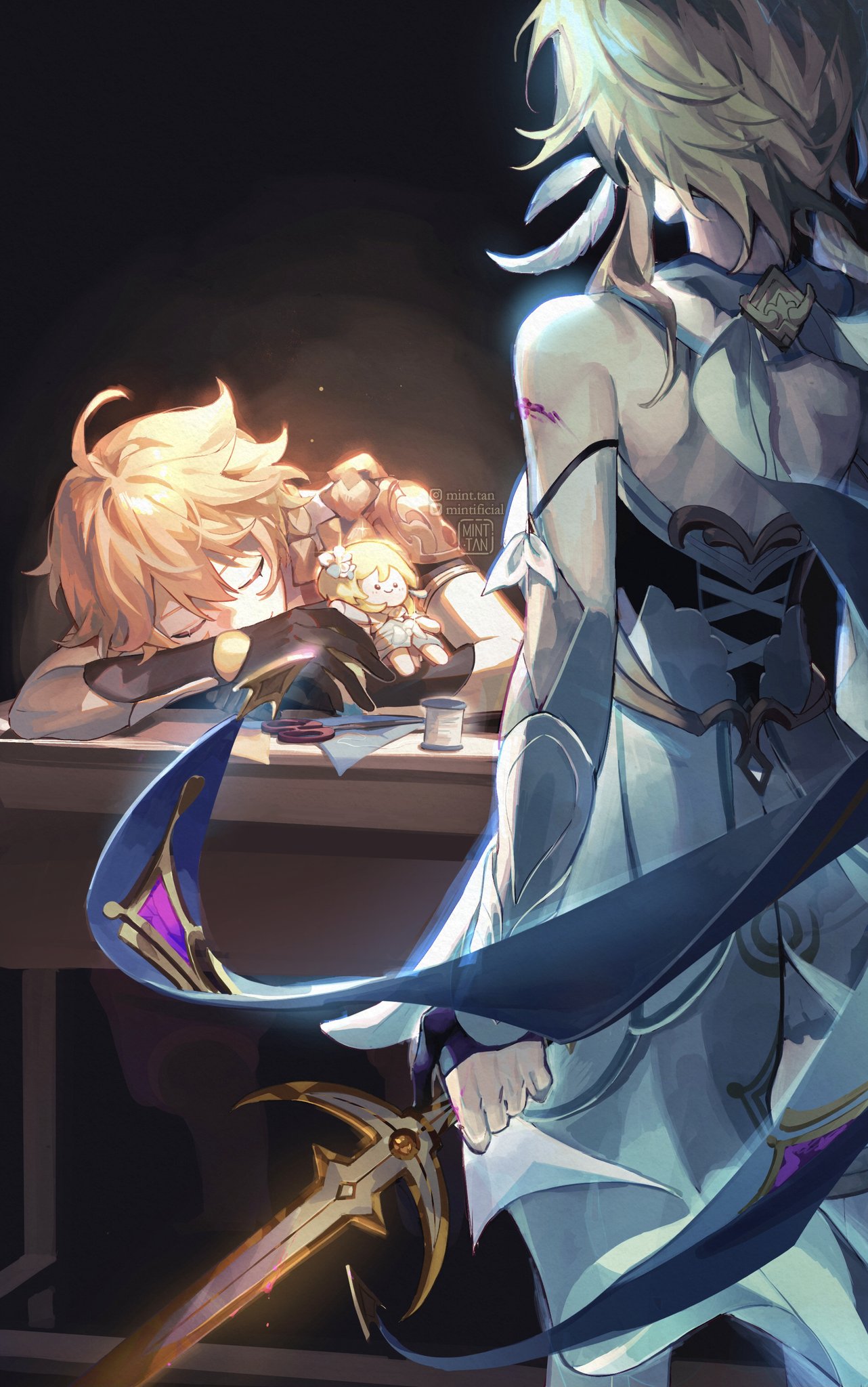 this is a digital art piece that depicts two anime characters. the female character on the right is standing, holding a sword, and looking down at the male character on the left, who is sleeping on a table. the male character is holding a small plushie. the artwork is drawn in a detailed and realistic style, with vibrant colors and dynamic poses. the scene appears to be a moment of quiet tension and anticipation, with the female character poised to act while the male character is oblivious to her presence. the artwork has a beautiful aesthetic, with a combination of soft and harsh lighting, intricate details, and subtle expressions.