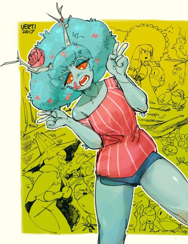 a cartoonish drawing of a girl with green hair wearing a red and white striped shirt and shorts, making a peace sign with her hand.  there are many other quirky characters and drawings surrounding her, including a few frogs.  the background is yellow and green and has a summery, outdoor feel.