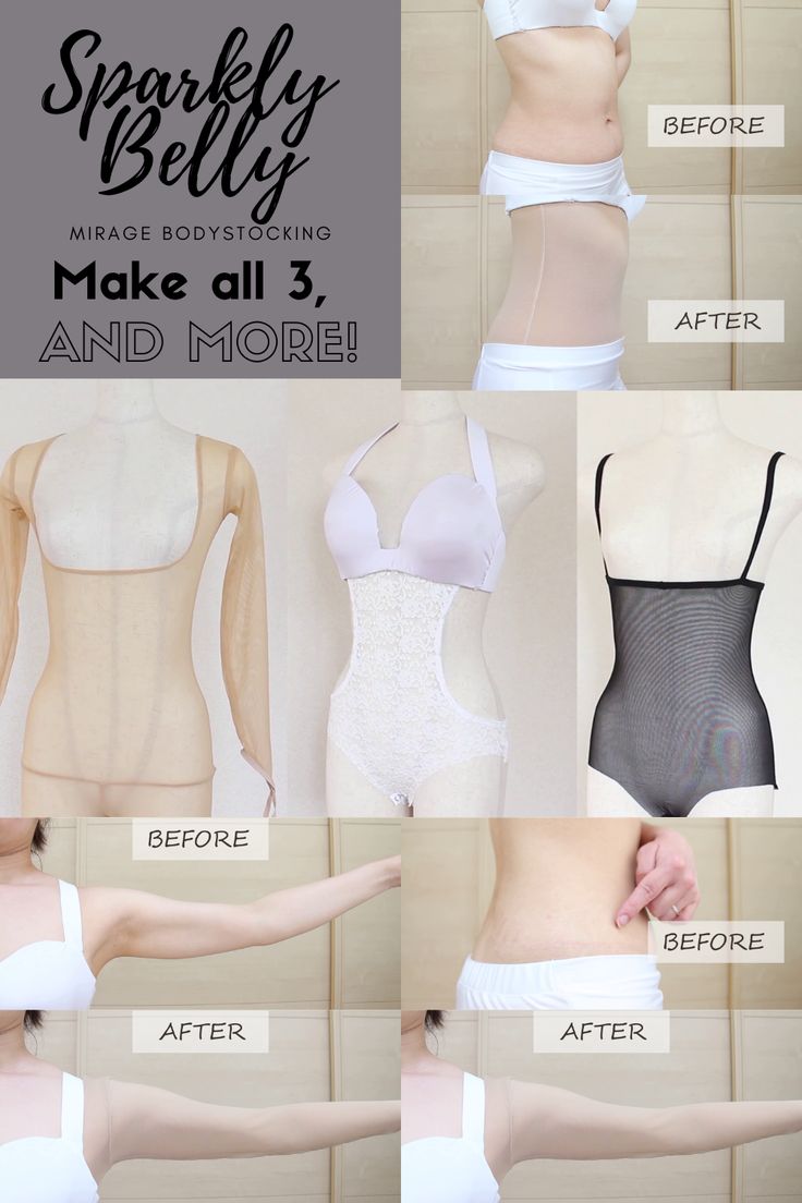 the image showcases a product called "sparkly belly mirage bodystocking" through a collage of photos. there is text that promotes the product, calling to "make all 3, and more!". the image also contains before and after shots showing the slimming and shaping effect of the body stocking on different parts of the body, including the belly and arms. other photos show three different shapewear body suits. the image is aimed at advertising and promoting the product for its bodyshaping and slimming capabilities.