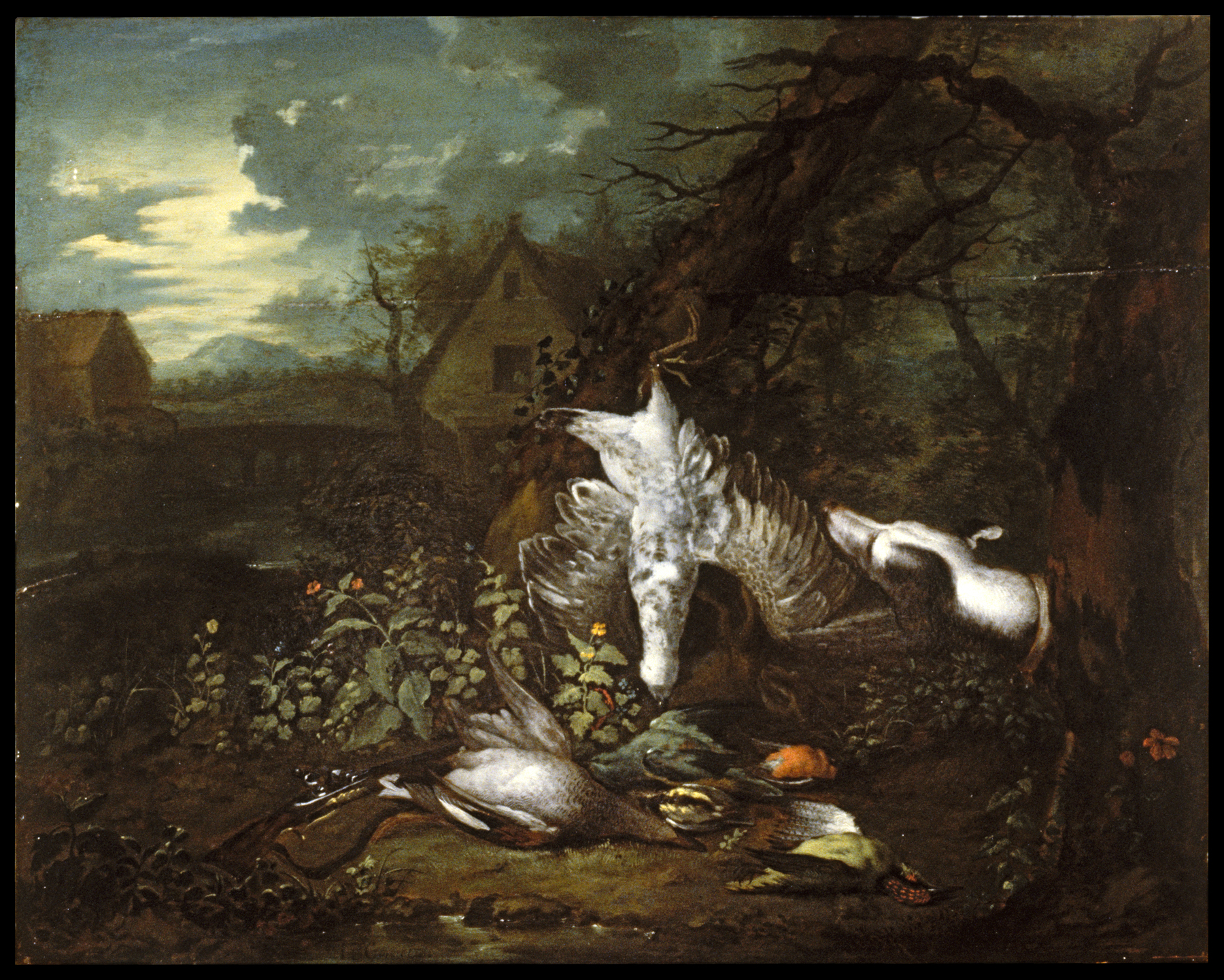the image is a painting of a still life featuring dead game birds in a rural landscape. several ducks and a swan are the primary subjects, arranged on the ground amidst foliage and at least one hung up. a shotgun is visible near the ducks. in the background, a house sits in a landscape with trees and foliage. the sky is cloudy.