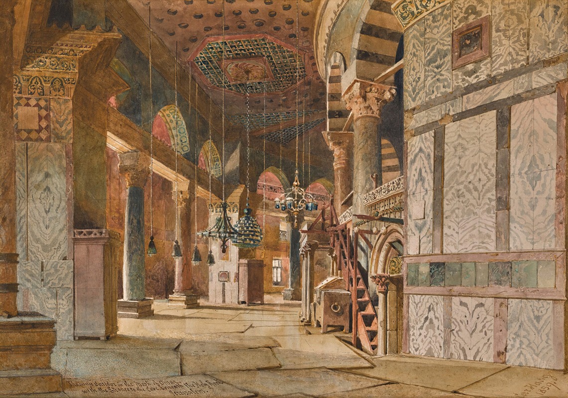 this is a watercolor painting depicting the interior of a mosque. the architecture showcases islamic design with columns, arched windows, and intricate details on the walls and ceiling. two chandeliers hang from the ceiling, illuminating the space. the walls are adorned with marble and the floor is tiled. the painting appears to be a historical depiction of an ottomanstyle mosque from the 19th century.