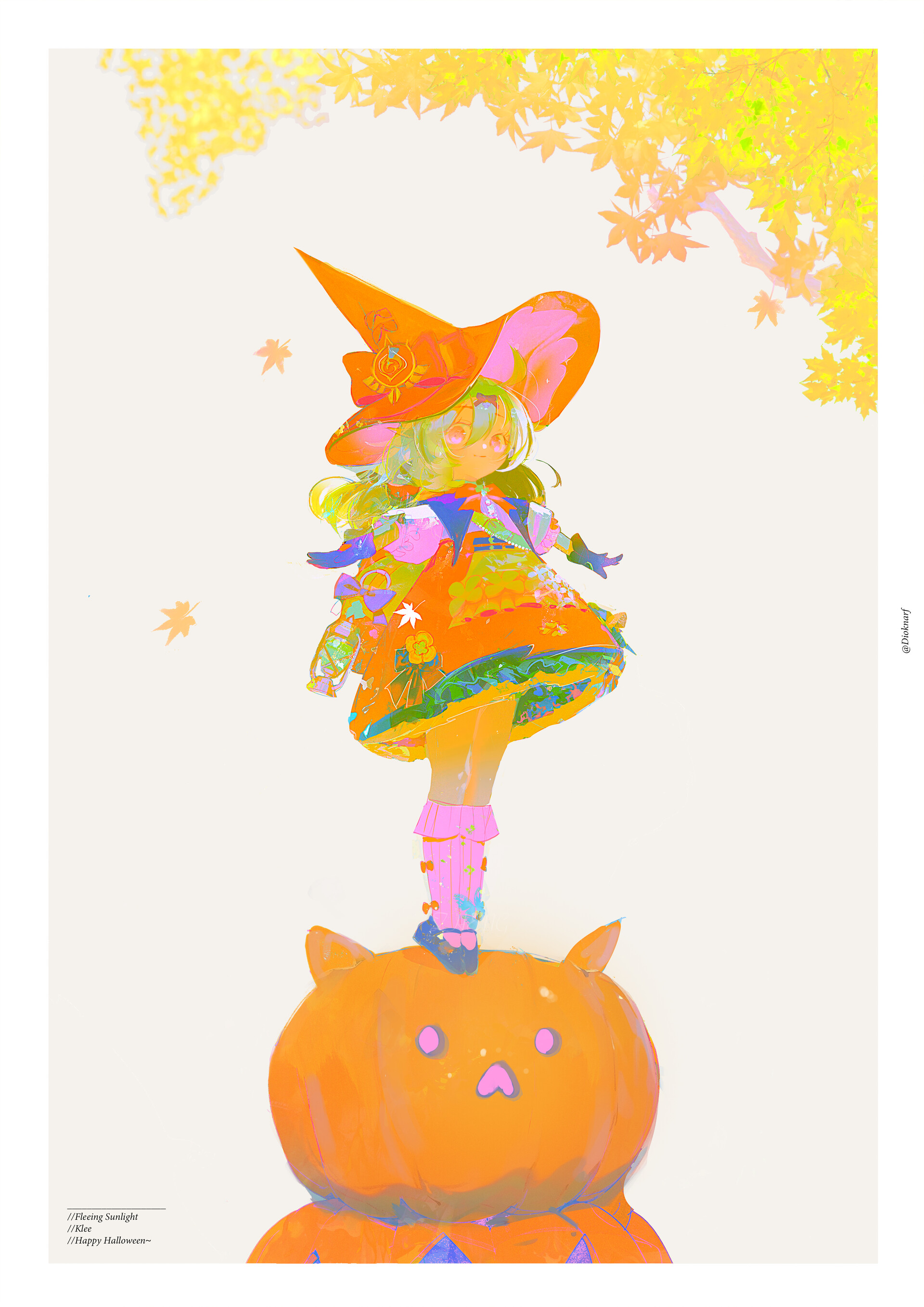 a young girl in an orange witch costume stands on a giant pumpkin carved to look like a cat's head. her hat is tall and pointed, her dress is elaborate and layered, and her stockings are striped. she is surrounded by falling autumn leaves in a forest. the sunlight is shining brightly. the image has a bright and cheerful mood, with a whimsical and magical feel.