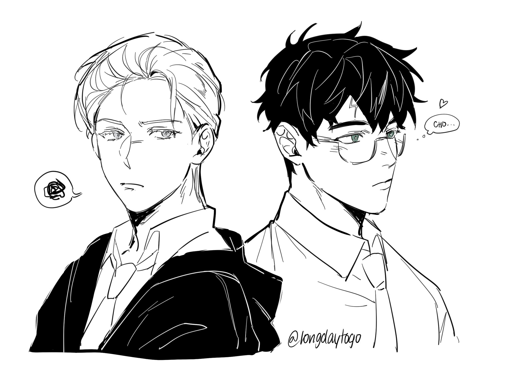 the image is a black and white line art drawing, possibly fanart, depicting two anime or mangastyle male characters.  one has short, neatly styled blond hair and is wearing a dark robe over a collared shirt and tie. he has a somewhat serious expression. the other character has longer, darker hair, is wearing glasses, and a collared shirt and tie; he is shown in a side profile with a slightly pensive expression. a thought bubble above him says "cho...".  there is a roselike symbol in a speech bubble next to the blondhaired character. the overall style is clean and slightly sketchy, suggesting a quick yet detailed artistic rendering. the figures' proximity suggests a possible romantic or close relationship. a watermark or artist signature (@longdaytogo) is visible in the lower right.