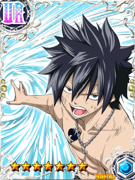 a card featuring the character gray fullbuster from the anime fairy tail. gray is shirtless, with his trademark dark blue hair. his left arm is outstretched in a gesture of attacking, while his right arm is bent at the elbow. he has a serious expression on his face, and his ice magic swirls around him in a whirlwind. the card has a silver border, a gold star rating at the bottom, and a blue and silver fairy tail logo in the bottom corner.