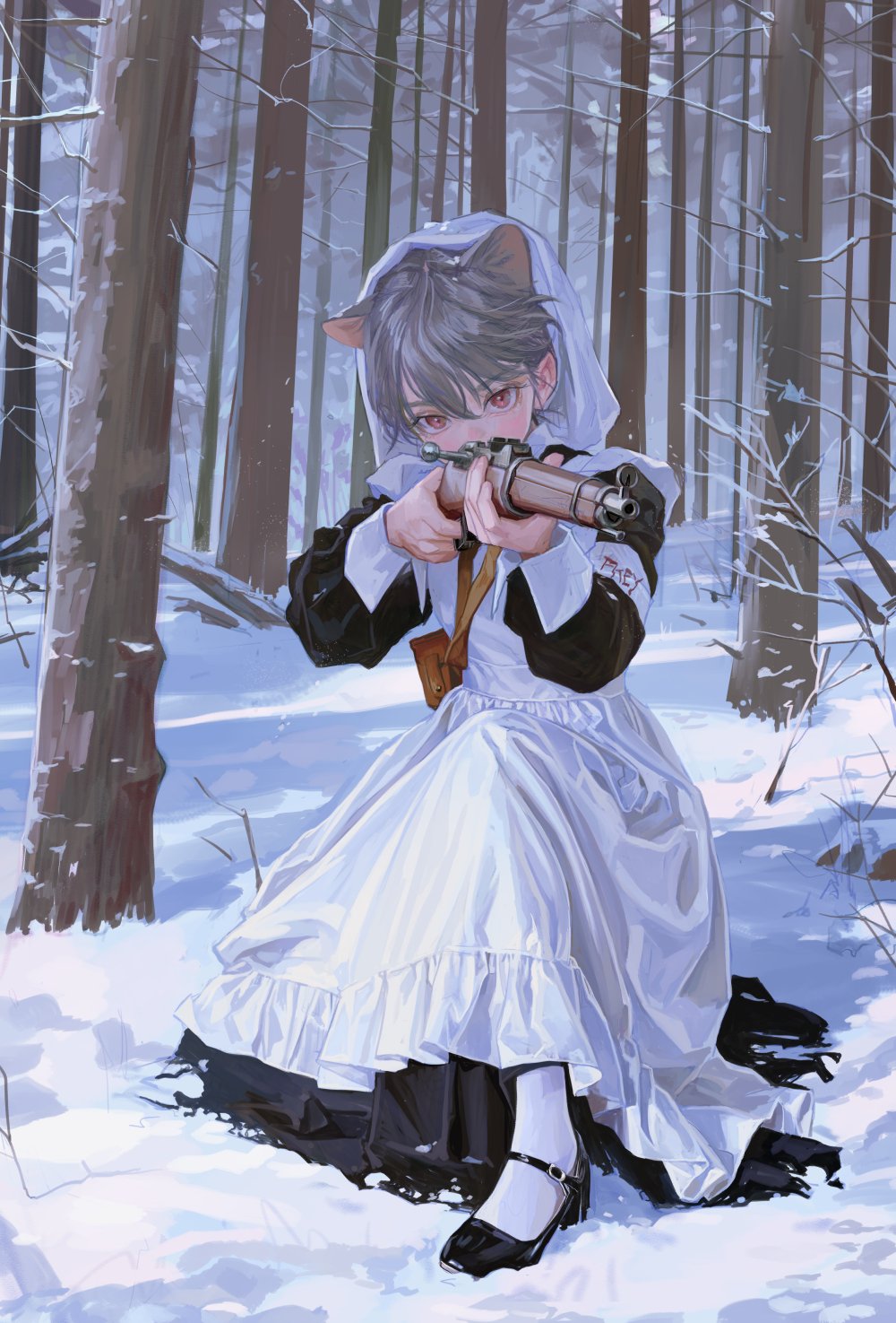 an anime girl with grey hair and cat ears is kneeling in the snow in a forest. she is wearing a white and black dress, white socks, and black shoes. she is holding a rifle and aiming it forward. the background is a snowy forest with tall trees.